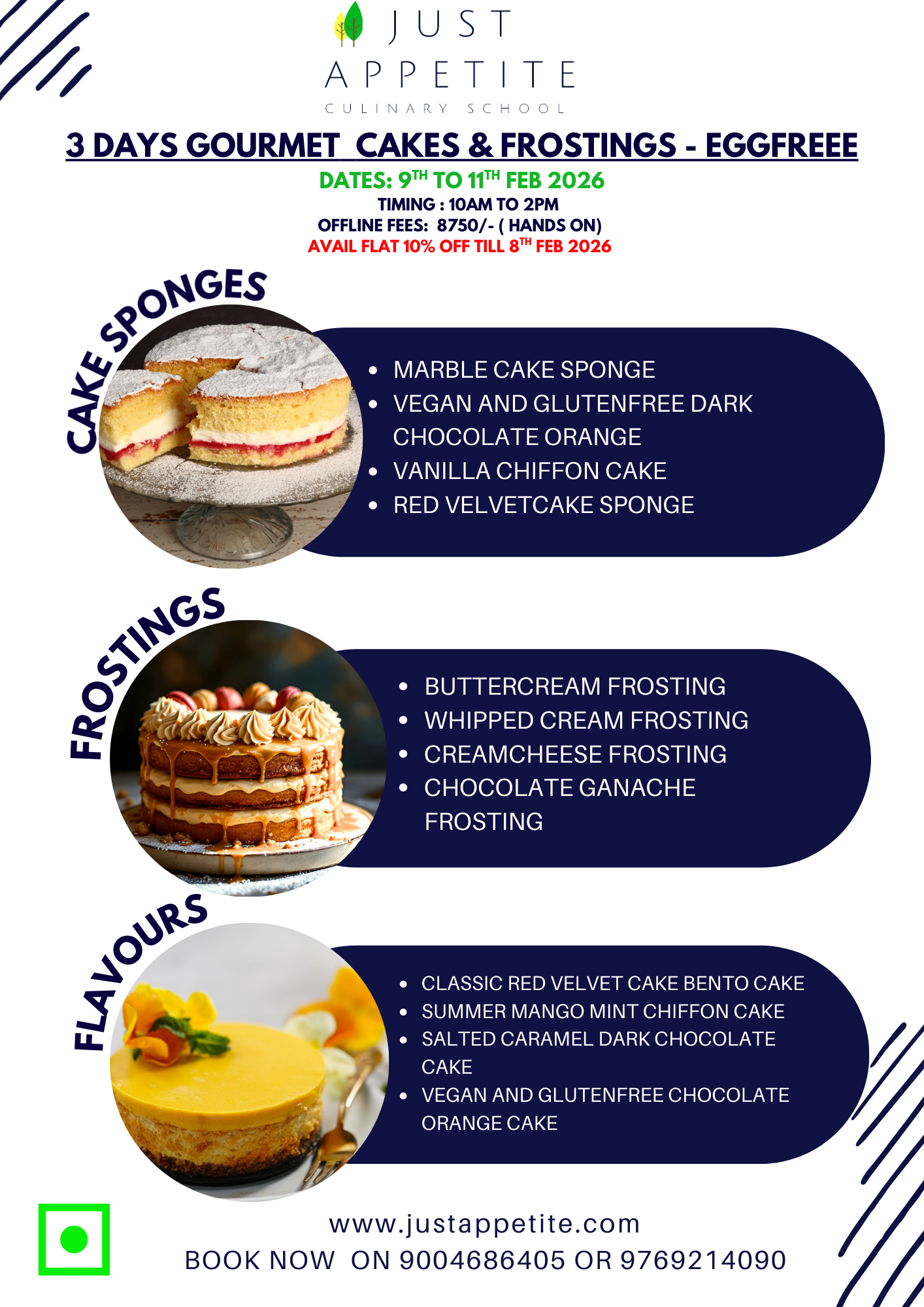 3 Days Gourmet Cake & Frostings –  9th to 11th FEB’26-10AM TO 2PM- Eggless only